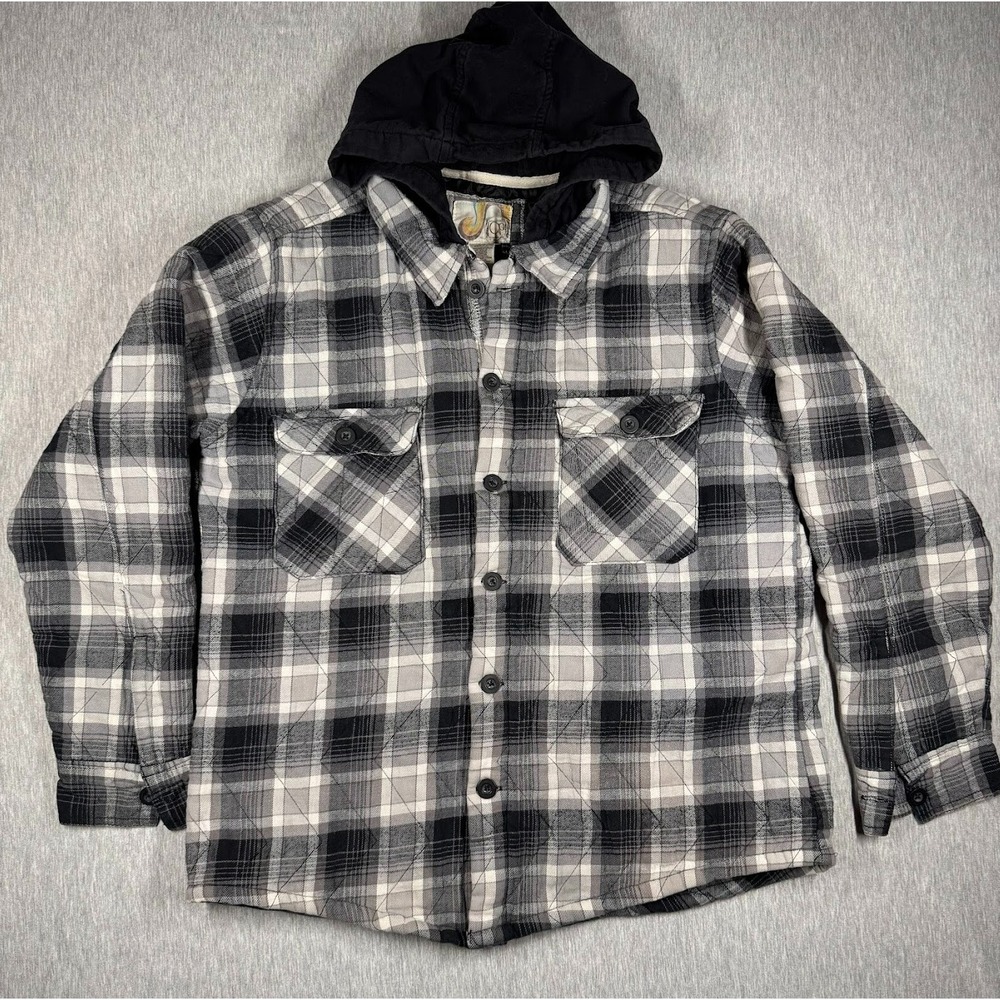 Ocean Pacific Quilted Plaid Flannel‎ Jacket Hoodie Black Gray Men's Large
